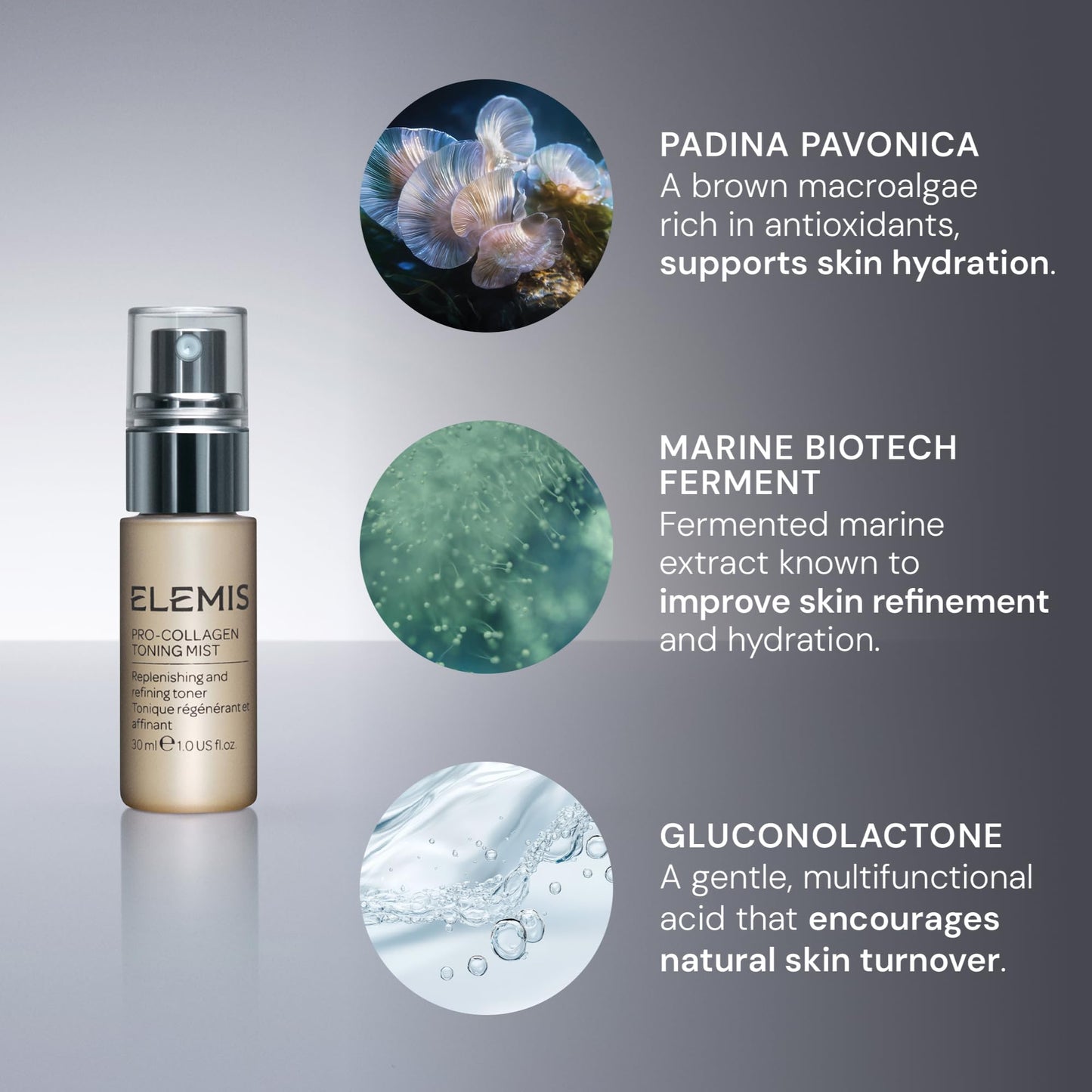 ELEMIS Pro-Collagen Toning Mist 30ml, Hydrating PHA Facial Mist to Refine Pores & Smooth Skin