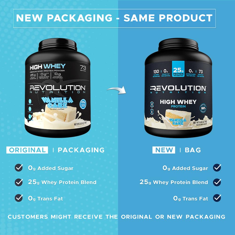 Revolution Nutrition, High Whey, Protein Powder 6LB, Whey Isolate, Gluten Free, Lean Muscle Mass for Men & Women, 25g of Protein Per Scoop, 2.7kg, 73 Servings (Vanilla Cake, 6 Pound)