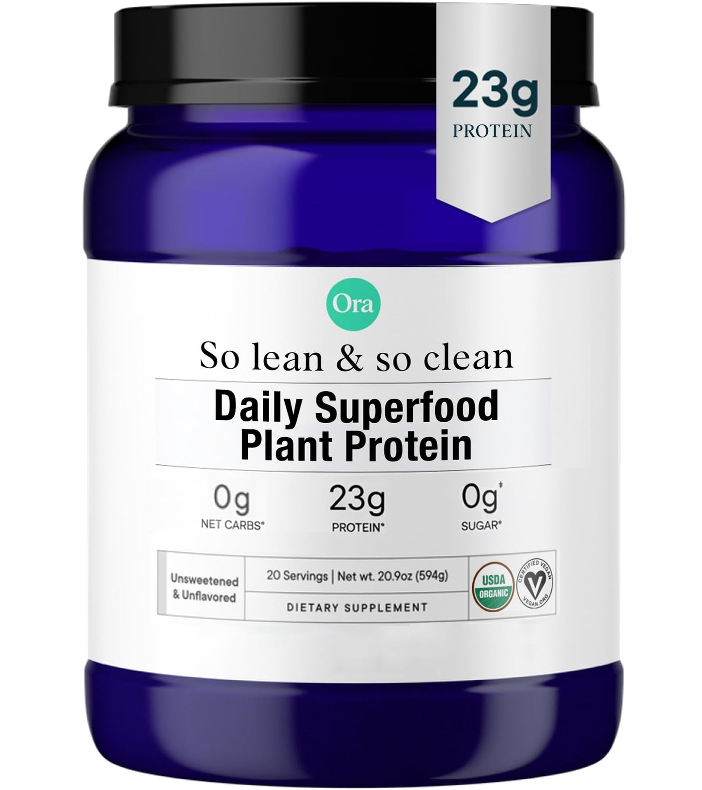 Ora Organic Plant-Based Protein Powder - 23g Protein for Women and Men - Vanilla Flavor 20 Servings, Vegan, Clean Protein, Third-Party Tested, Gluten-Free - 20 Servings