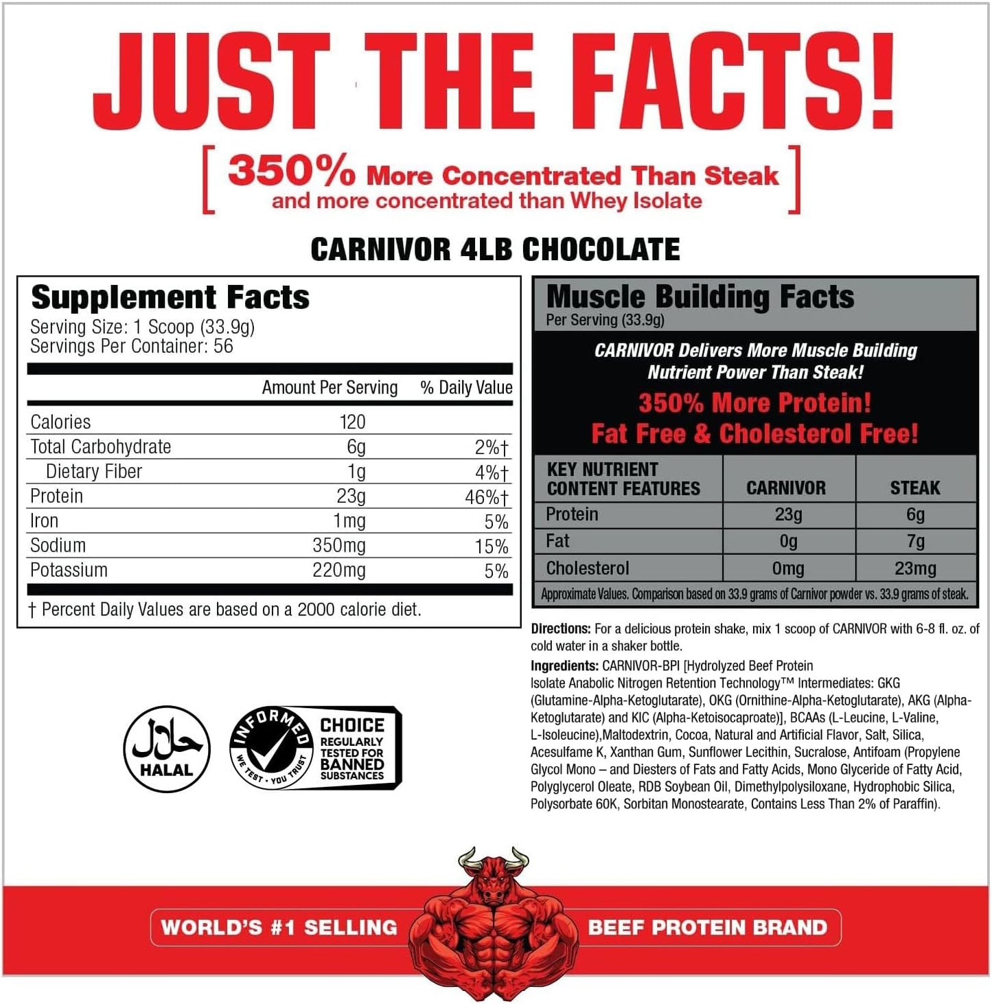 MuscleMeds CARNIVOR Beef Protein Isolate Powder, Muscle Building, Recovery, Lactose Free, Sugar Free, Fat, Free, 23g Protein, Halal Certified, Chocolate, 56 Servings