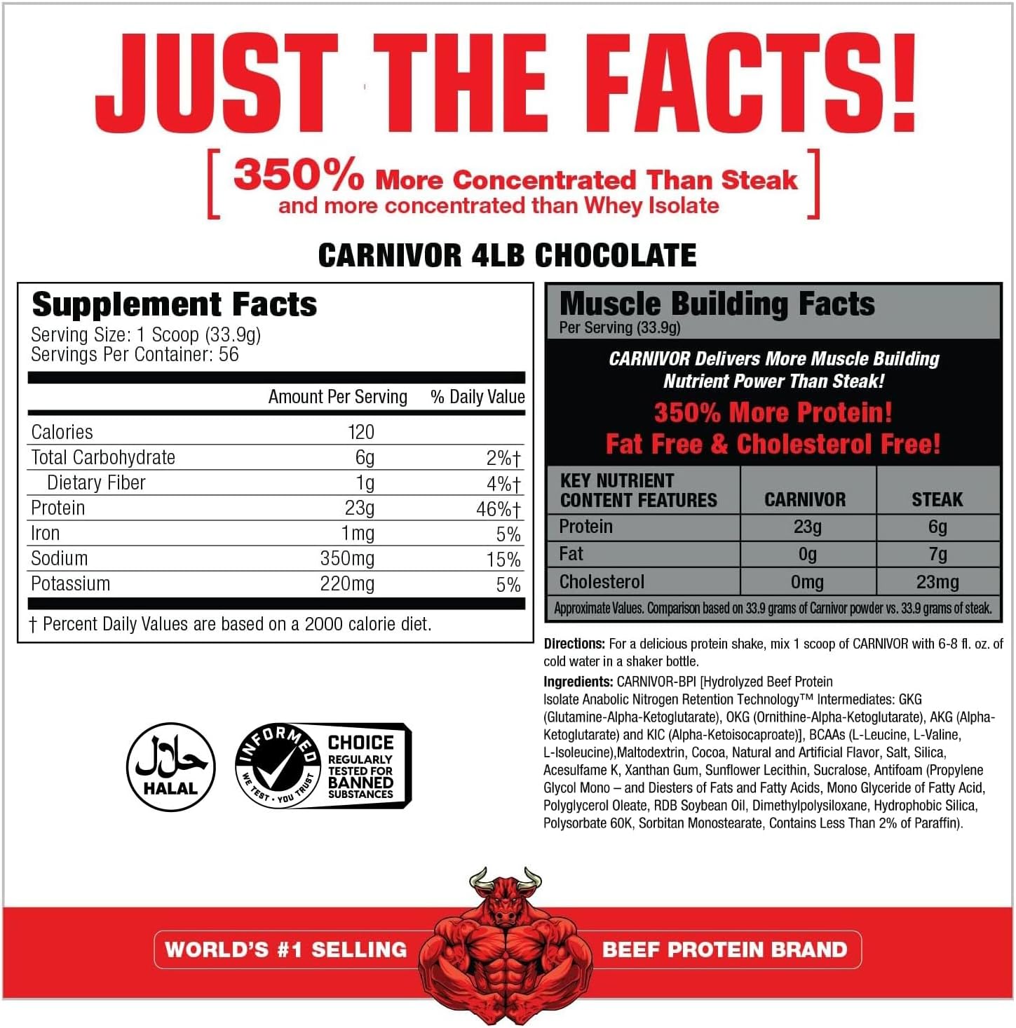 MuscleMeds CARNIVOR Beef Protein Isolate Powder, Muscle Building, Recovery, Lactose Free, Sugar Free, Fat, Free, 23g Protein, Halal Certified, Chocolate, 56 Servings