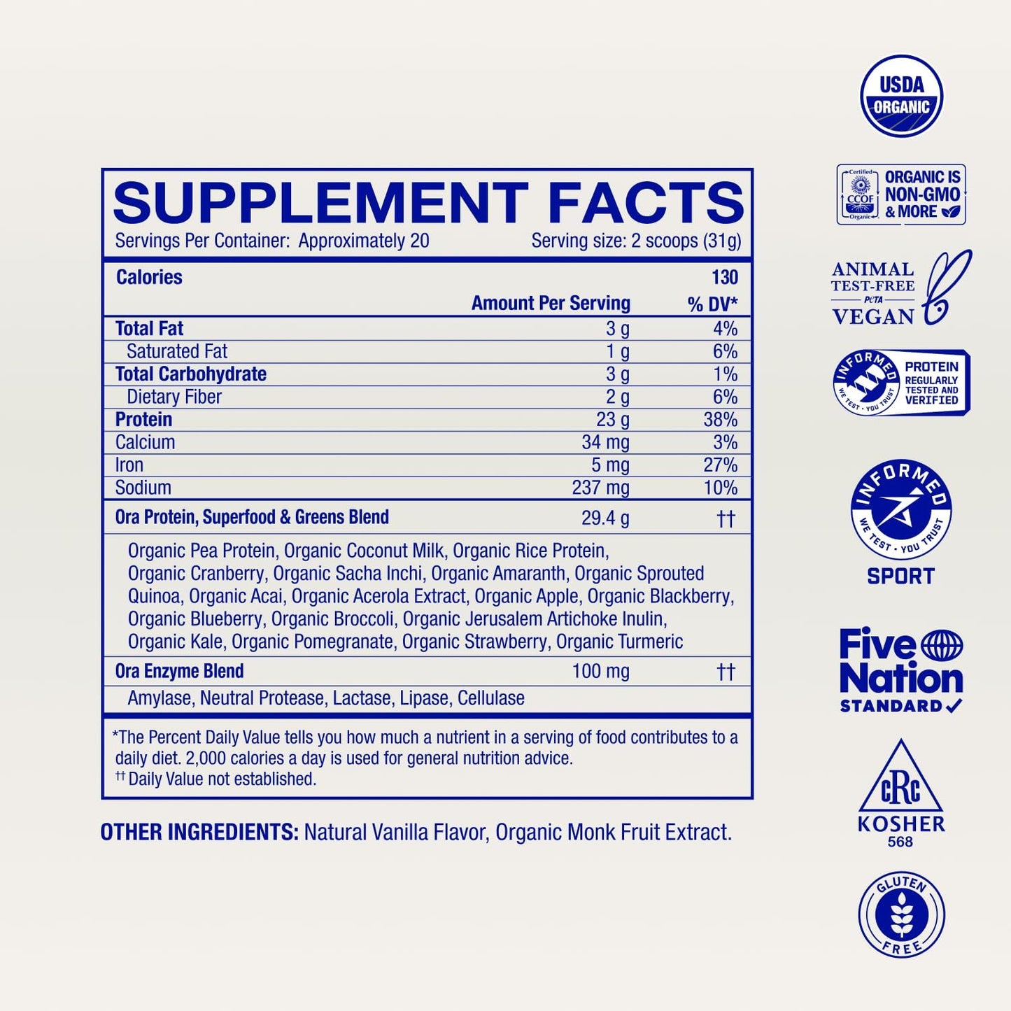 Ora Organic Plant-Based Protein Powder - 23g Protein for Women and Men - Vanilla Flavor 20 Servings, Vegan, Clean Protein, Third-Party Tested, Gluten-Free - 20 Servings