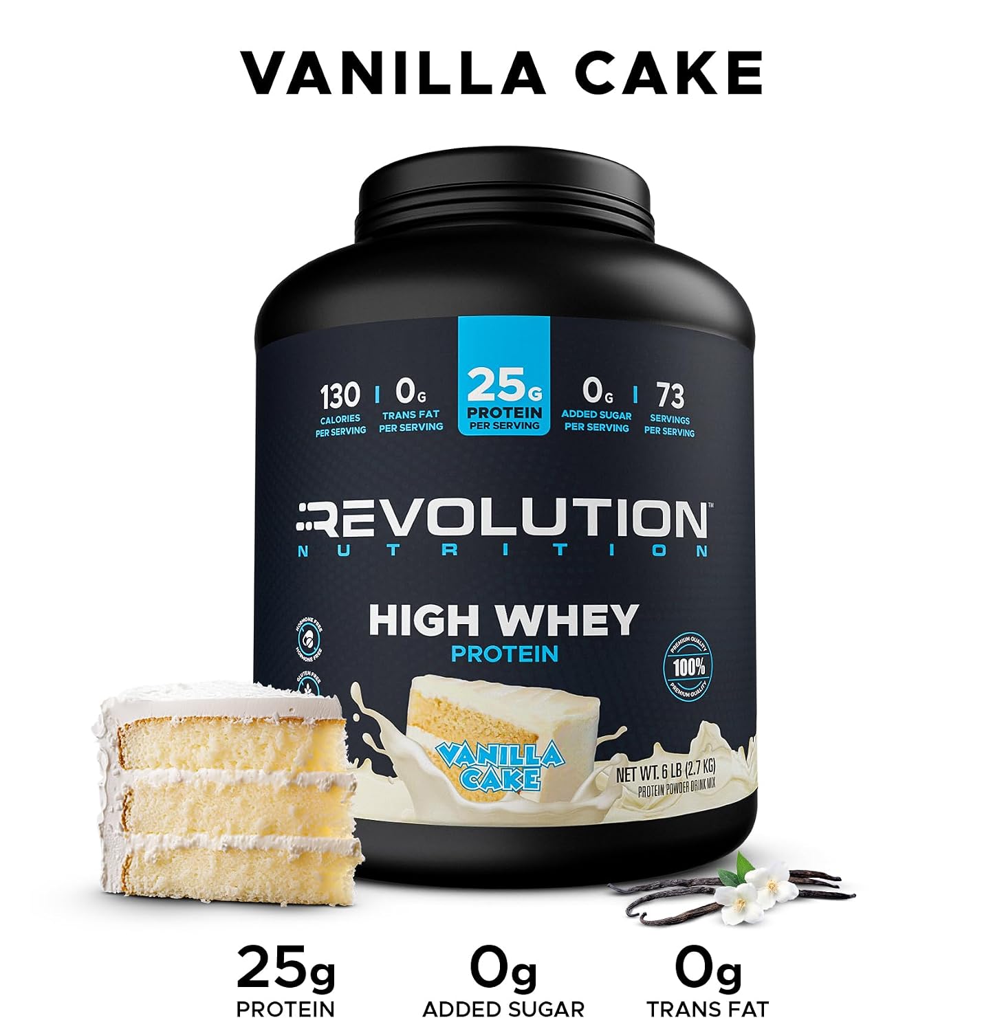 Revolution Nutrition, High Whey, Protein Powder 6LB, Whey Isolate, Gluten Free, Lean Muscle Mass for Men & Women, 25g of Protein Per Scoop, 2.7kg, 73 Servings (Vanilla Cake, 6 Pound)