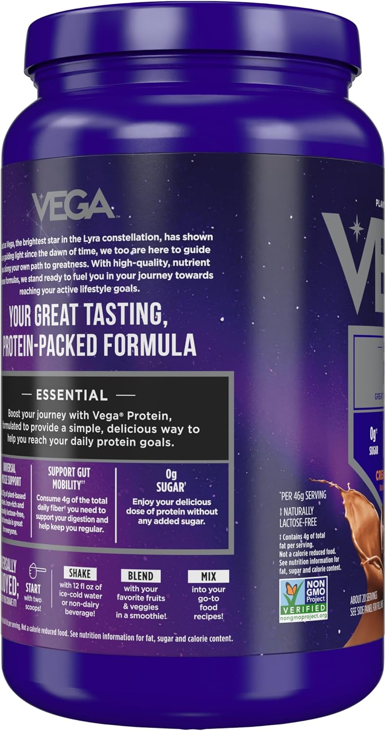 Vega Essential Protein – 25g Vegan Protein Powder, Rich Chocolate for a High Protein, Zero Sugar Shake – Large Tub, 32.5oz (20 Servings)