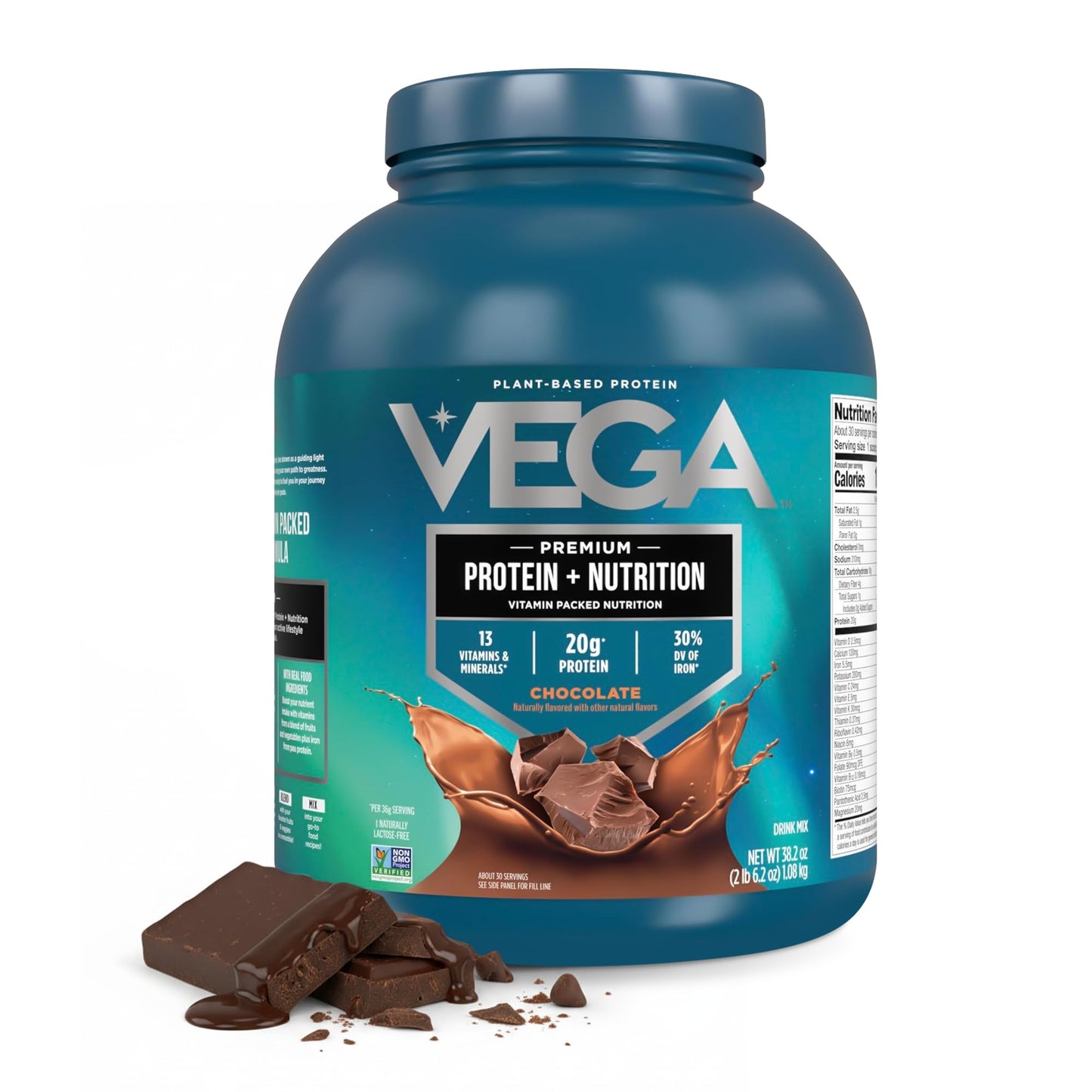 Vega Essential Protein – 25g Vegan Protein Powder, Rich Chocolate for a High Protein, Zero Sugar Shake – Large Tub, 32.5oz (20 Servings)