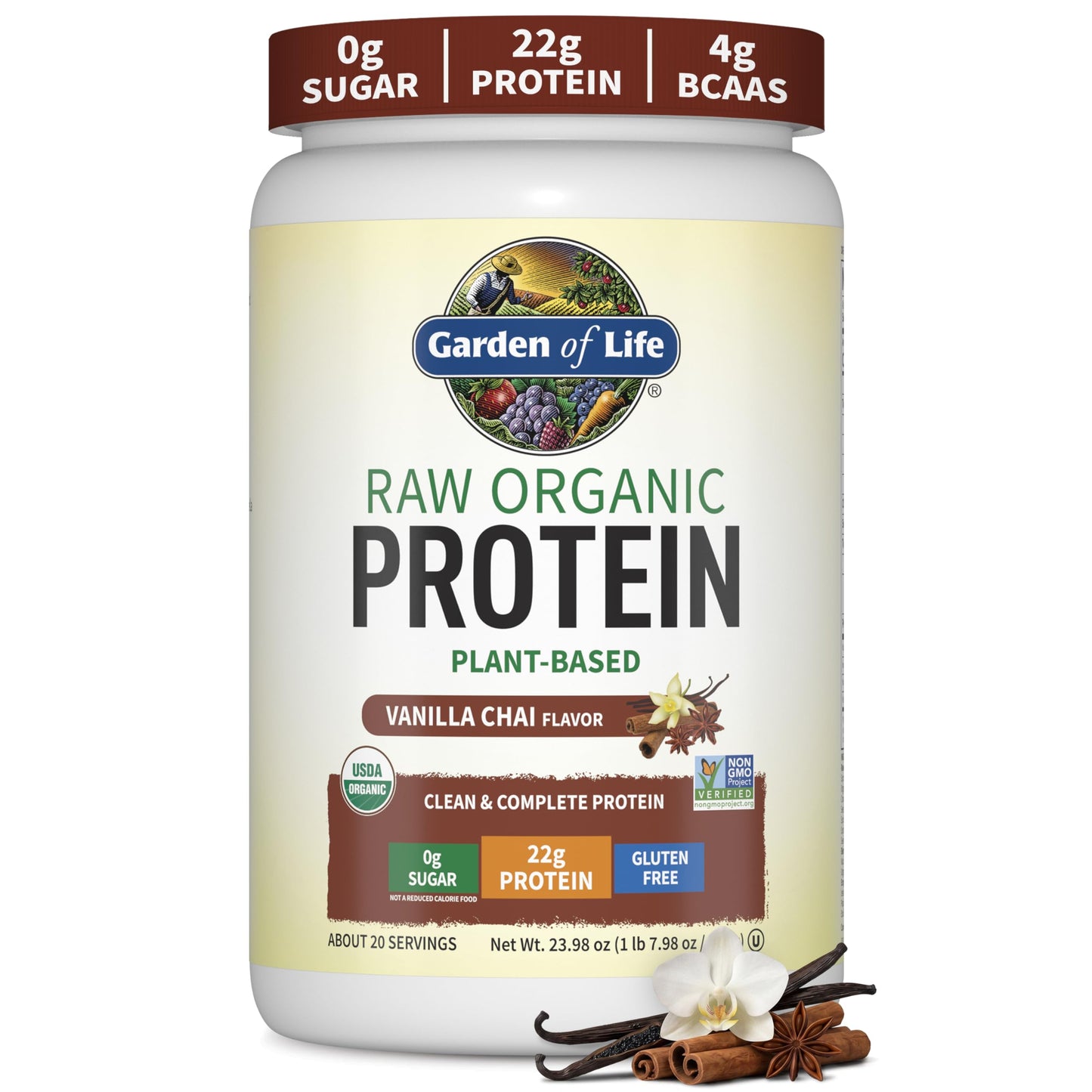 Garden of Life Protein Powder, Vegan Protein Powder, BCAA, Probiotics & Digestive Enzymes, Gluten & Lactose Free, Vanilla, 1.5 LB
