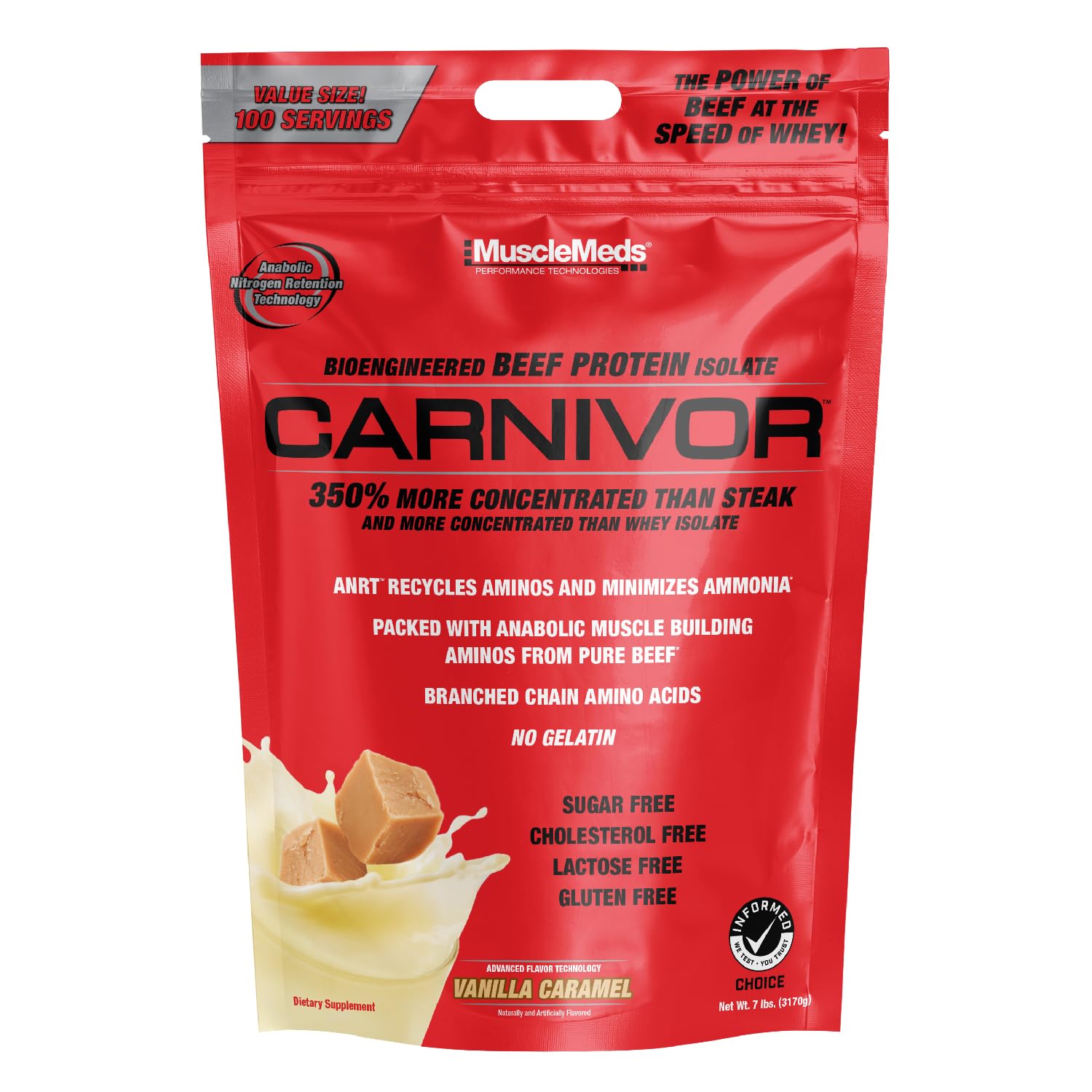MuscleMeds CARNIVOR Beef Protein Isolate Powder, Muscle Building, Recovery, Lactose Free, Sugar Free, Fat, Free, 23g Protein, Halal Certified, Chocolate, 56 Servings