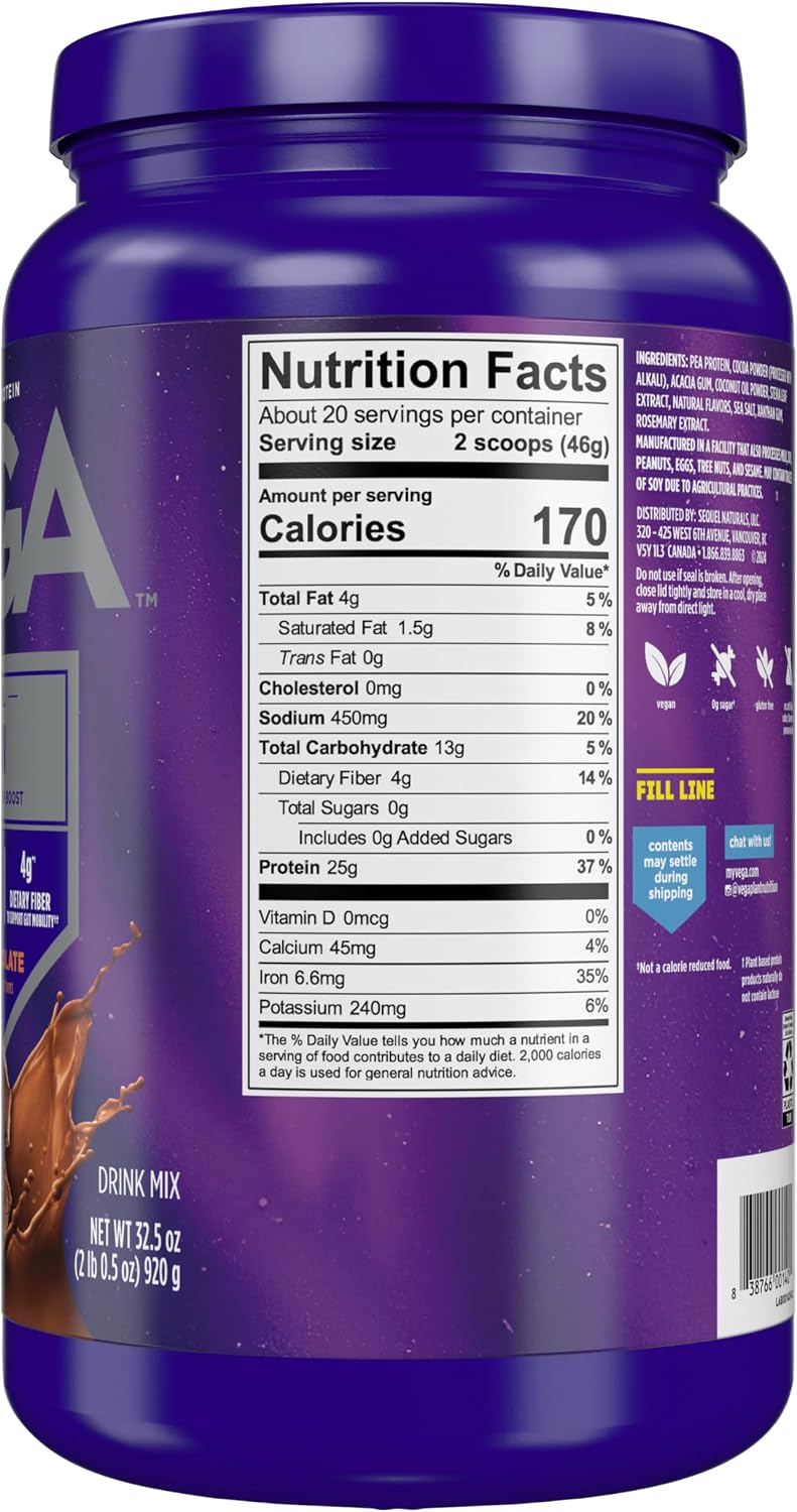 Vega Essential Protein – 25g Vegan Protein Powder, Rich Chocolate for a High Protein, Zero Sugar Shake – Large Tub, 32.5oz (20 Servings)