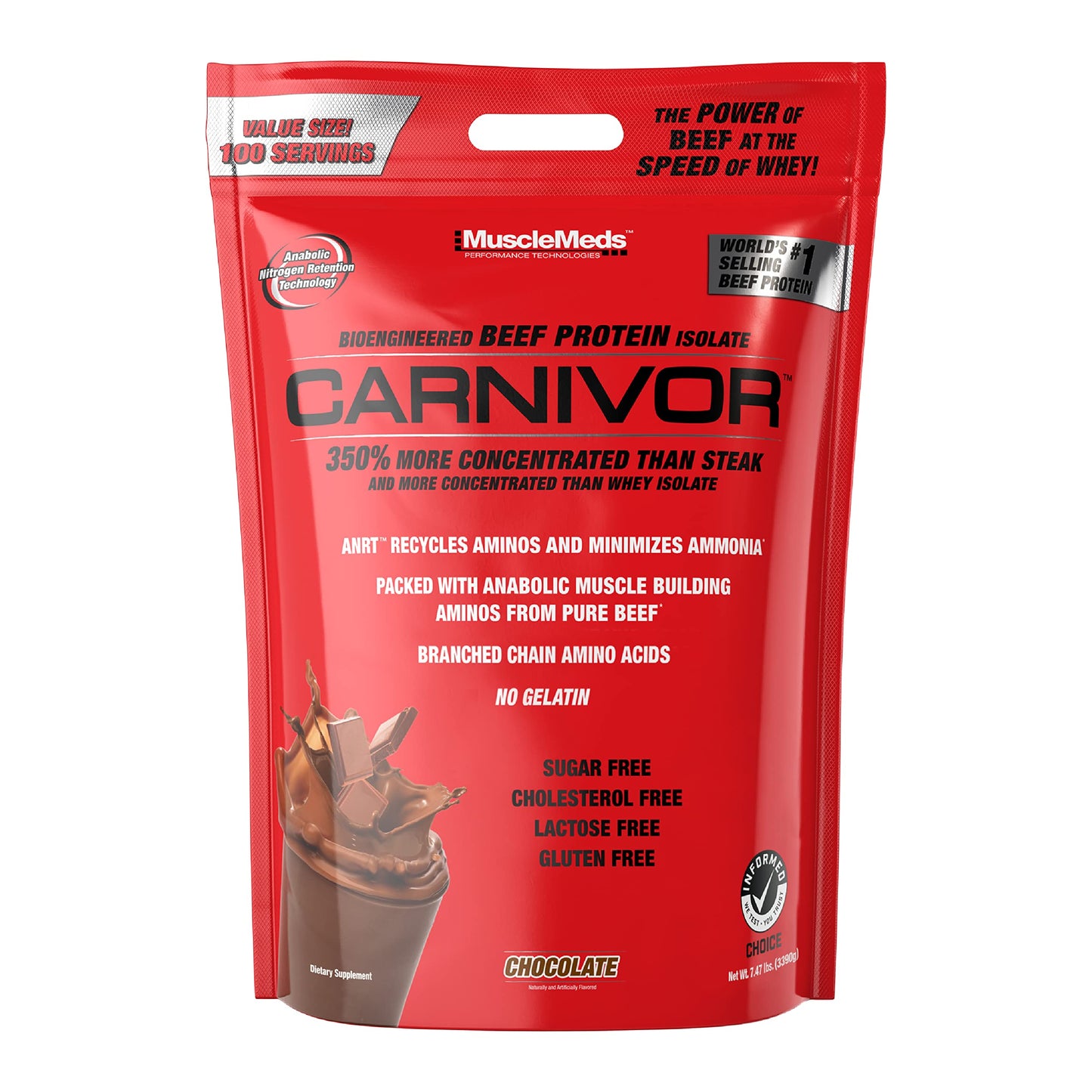 MuscleMeds CARNIVOR Beef Protein Isolate Powder, Muscle Building, Recovery, Lactose Free, Sugar Free, Fat, Free, 23g Protein, Halal Certified, Chocolate, 56 Servings
